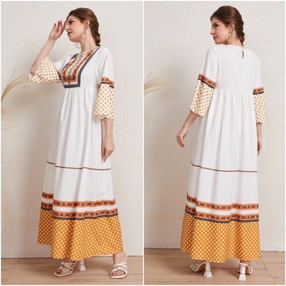 Boho Floral Print Dot White 3/4 sleeve maxi Dress - Picture 2 of 3
